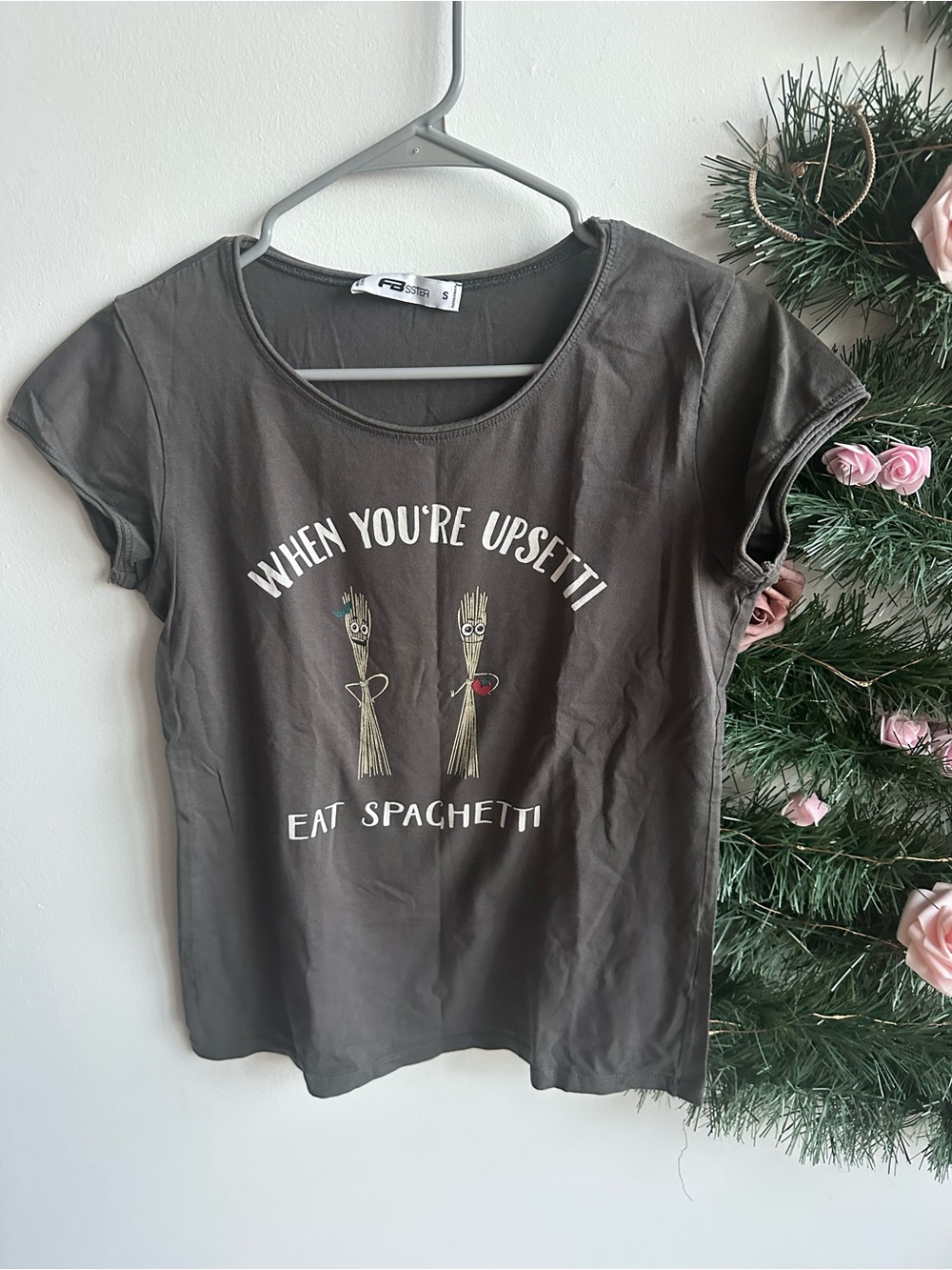 Women’s Short-Sleeve Graphic Tee - Dark Gray "When You’re Upsetti Eat Spaghetti"